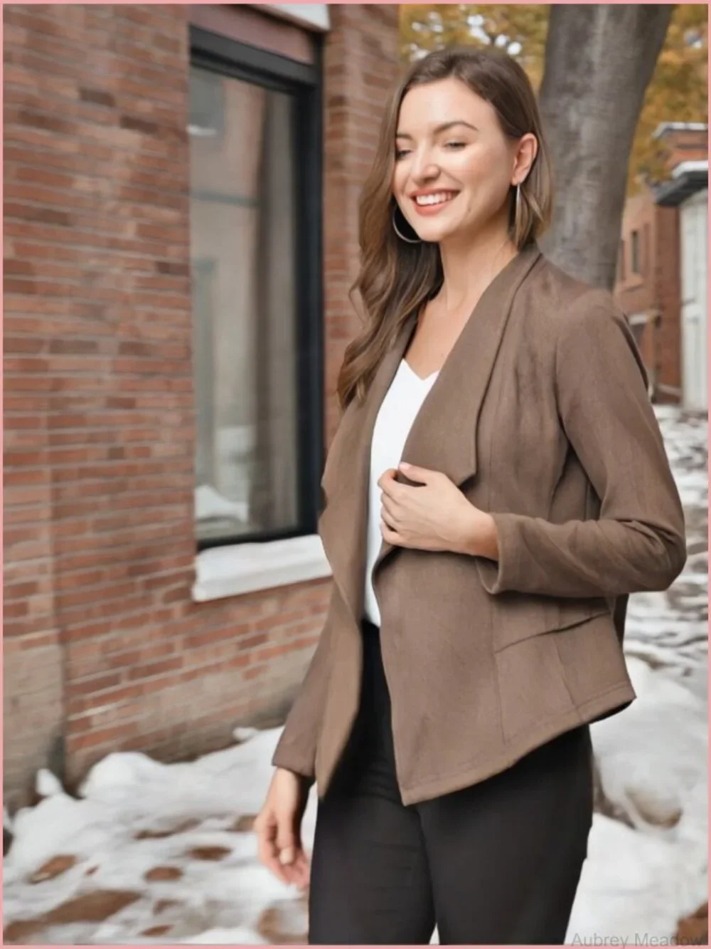 Faux Suede Draped Open Front Cardigan Blazer Jacket Lapel Long Sleeve